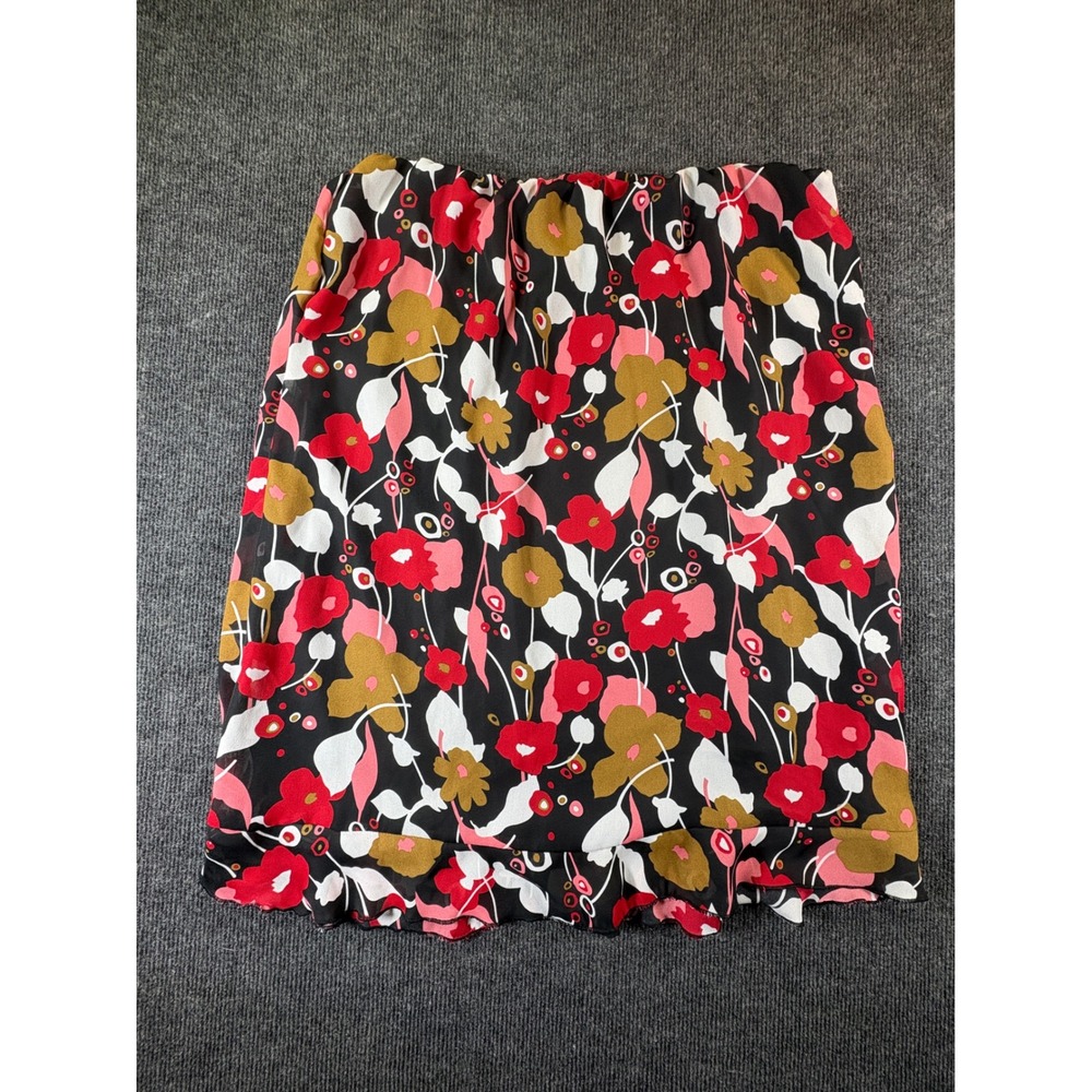 Cato Womens Large Floral Elastic Waist Ruffle Hem Lined Skirt Black Red Pink